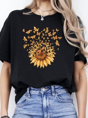 Sunflower Butterfly T-Shirt, Cottagecore Floral Shirt, Botanical Aesthetic Tee